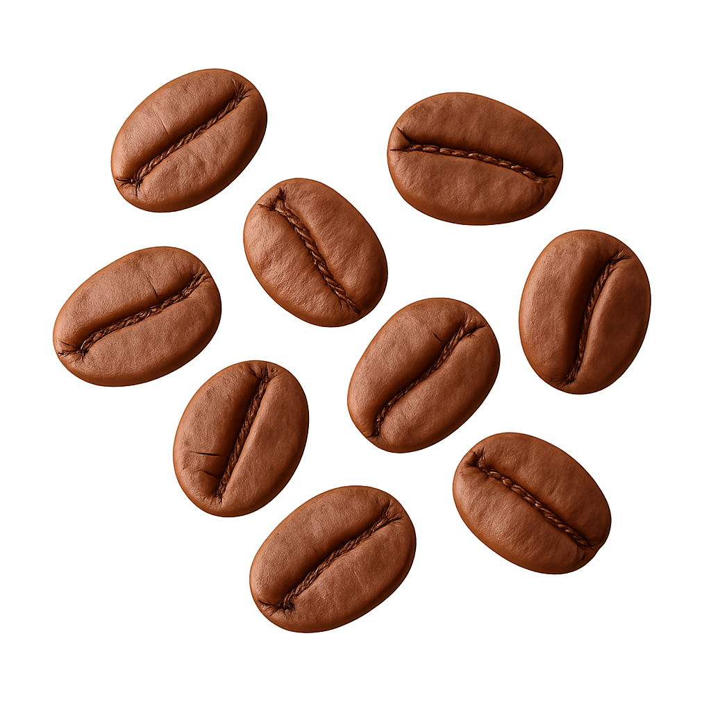 Mehrere braune geröstete Kaffeebohnen in Nahaufnahme.