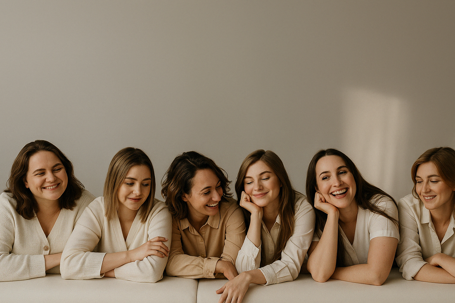 Gruppe von sechs Frauen in beige farbener Kleidung, die sich entspannt an einen beigen Sofarücken lehnen und glücklich in die Kamera lächeln.
