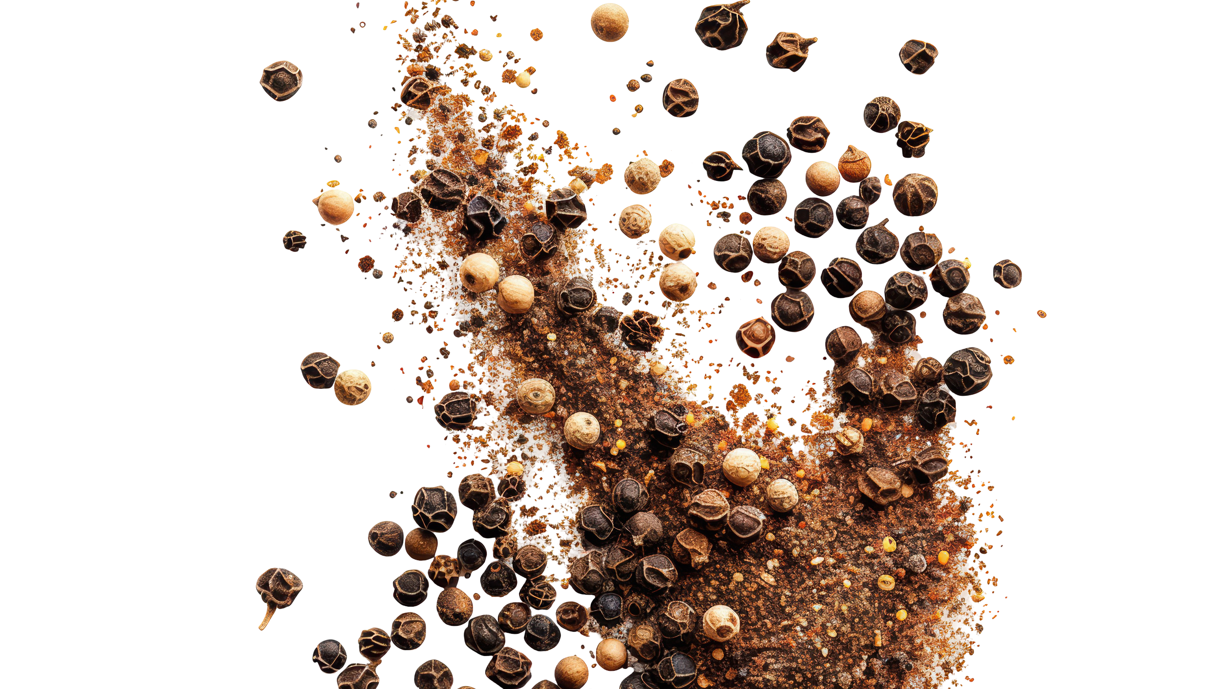 Gewürzmischung unterschiedlicher Körner und Pulver schwebt dynamisch vor schwarzem Hintergrund.