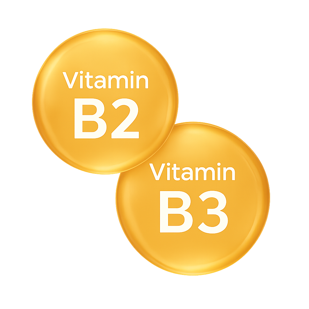 Vitamin-Symbole für B2 und B3 als gelbe glänzende Kreise mit weißer Schrift.
