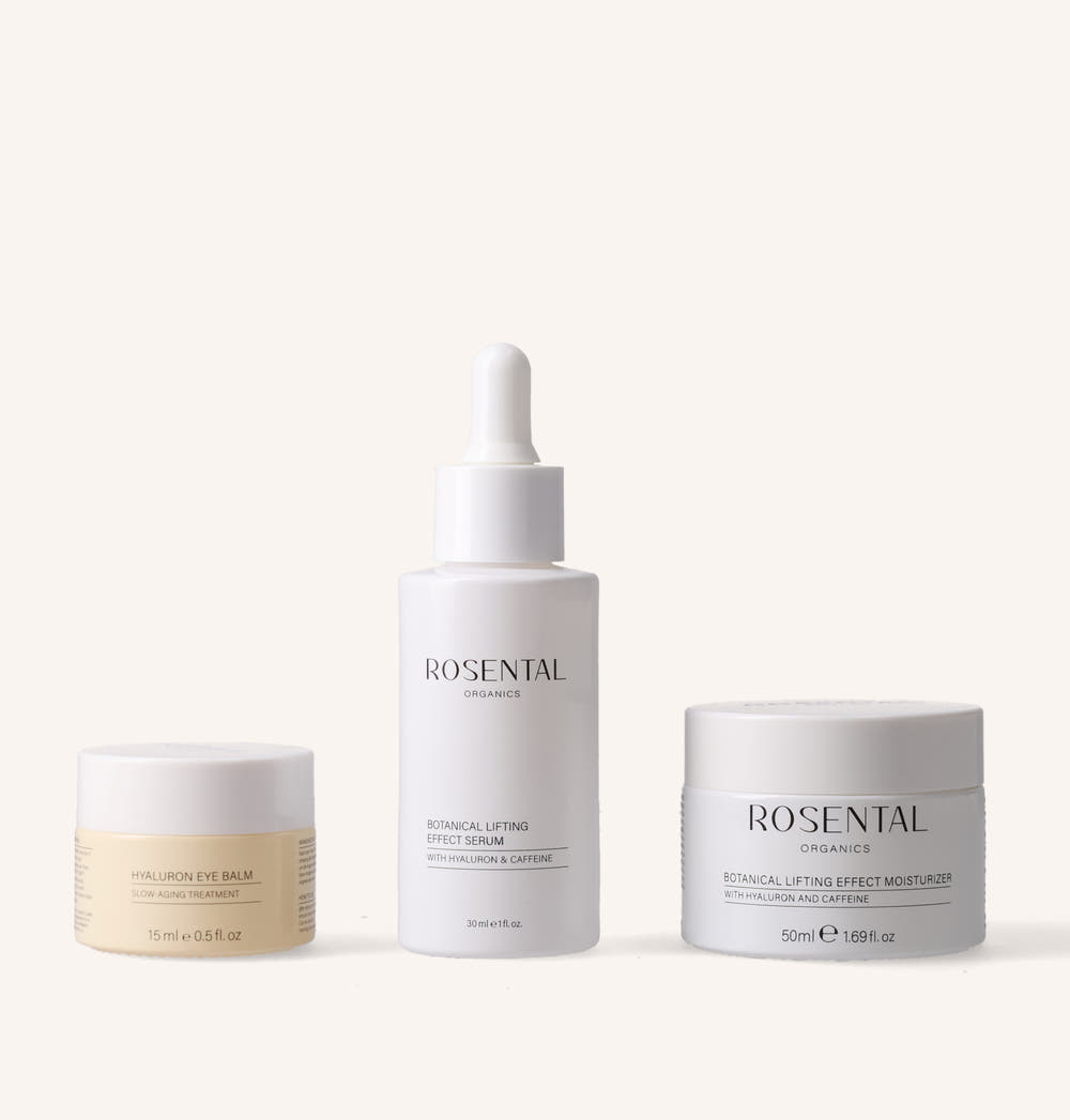 Hyaluron Eye Balm, Botanical Lifting Effect Serum und Moisturizer von Rosental Organics nebeneinander