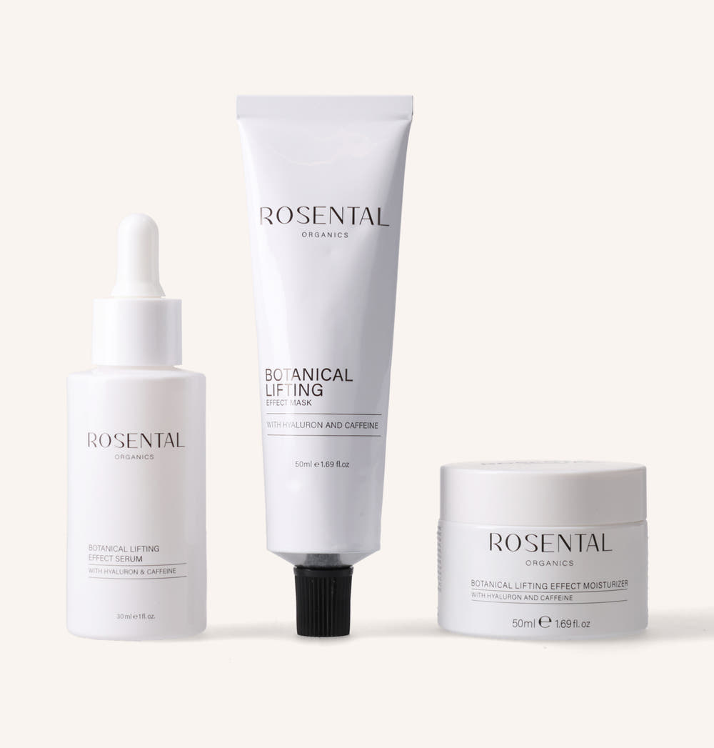 Botanical Lifting Effect Serum, Mask und Moisturizer von Rosental Organics nebeneinander mit Hyaluron und Koffein