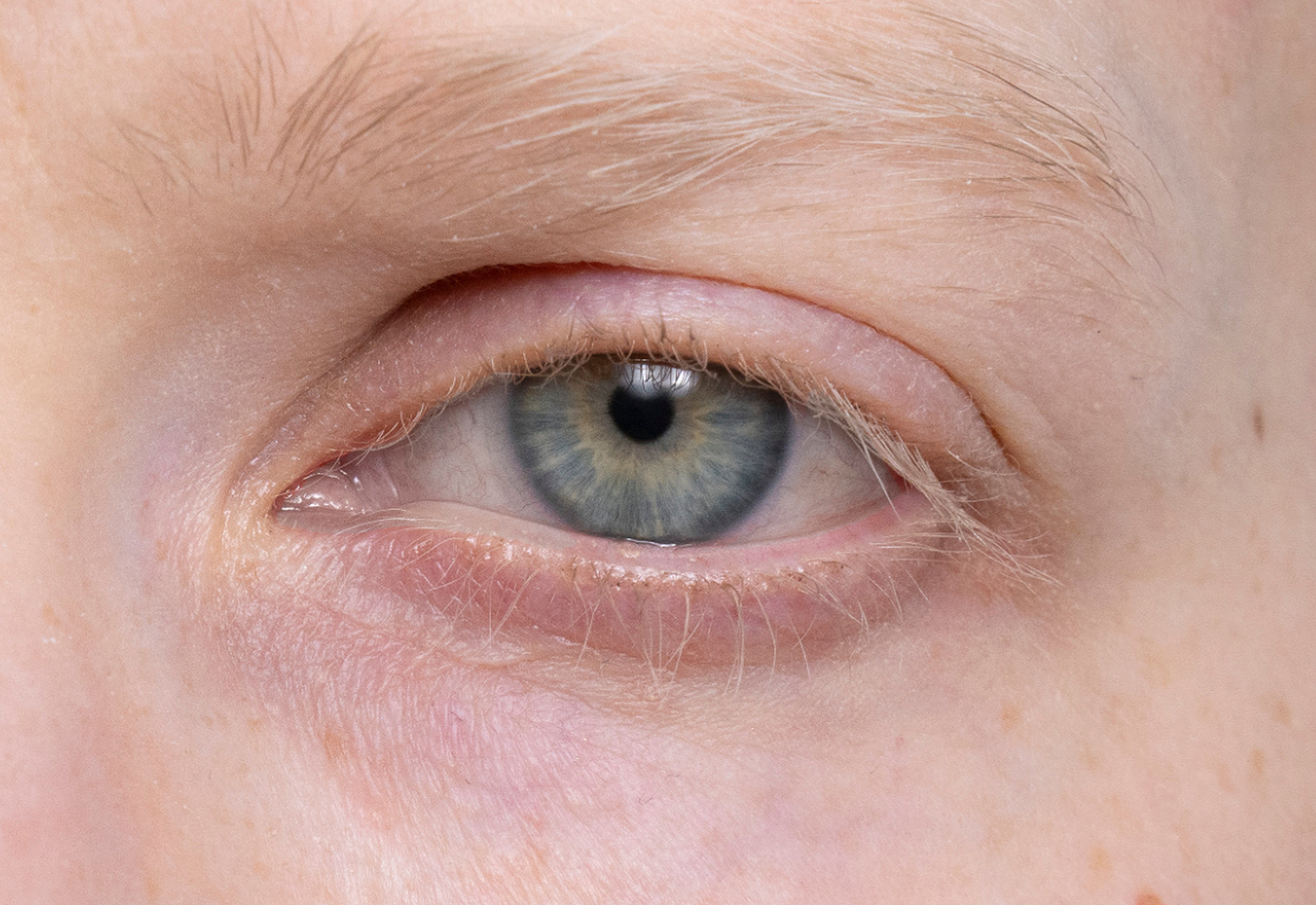 Detailaufnahme eines blauen Auges mit feinen, hellen Wimpern und sichtbaren Augenfalten.