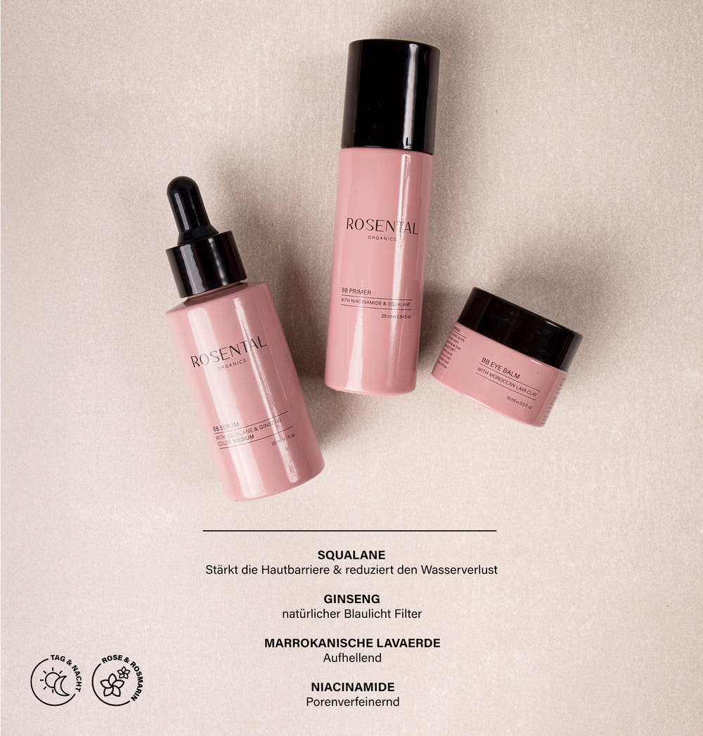 Das Skin Perfecting Set von Rosental Organics, welches aus drei Produkten besteht, liegt auf hellem Untergrund.